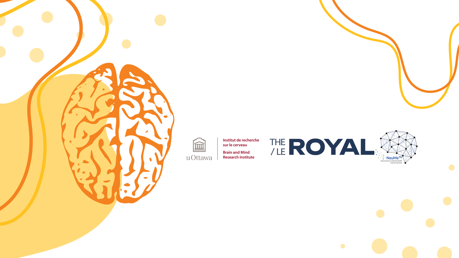 Brain health research day banner. Orange graphic of brain with partner logos.