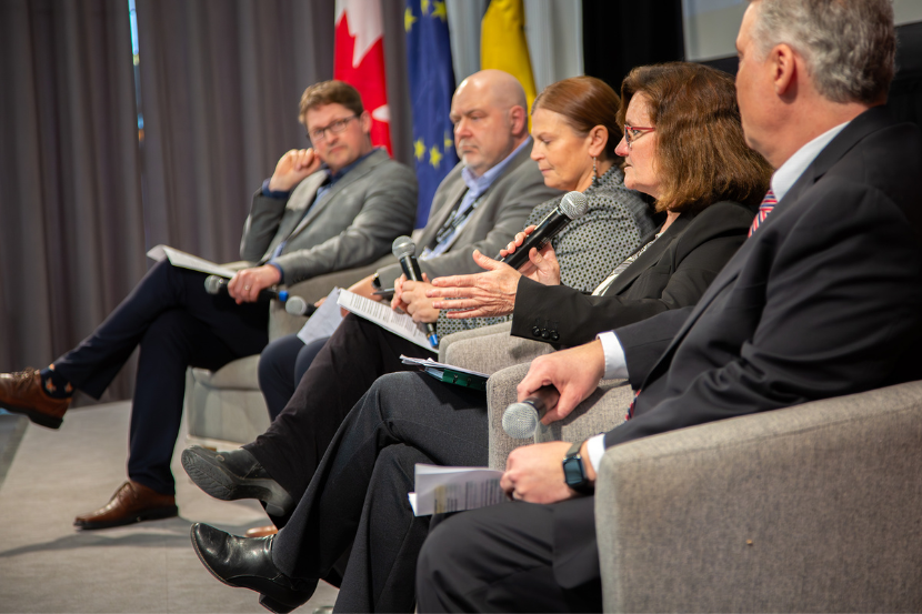 Panelists on stage at the uOttawa National Security Innovation Forum. From left to right, Nathan Young, Alan McCafferty, Rebecca Trueman, Robbyn Plumb and Dennis Orbay.