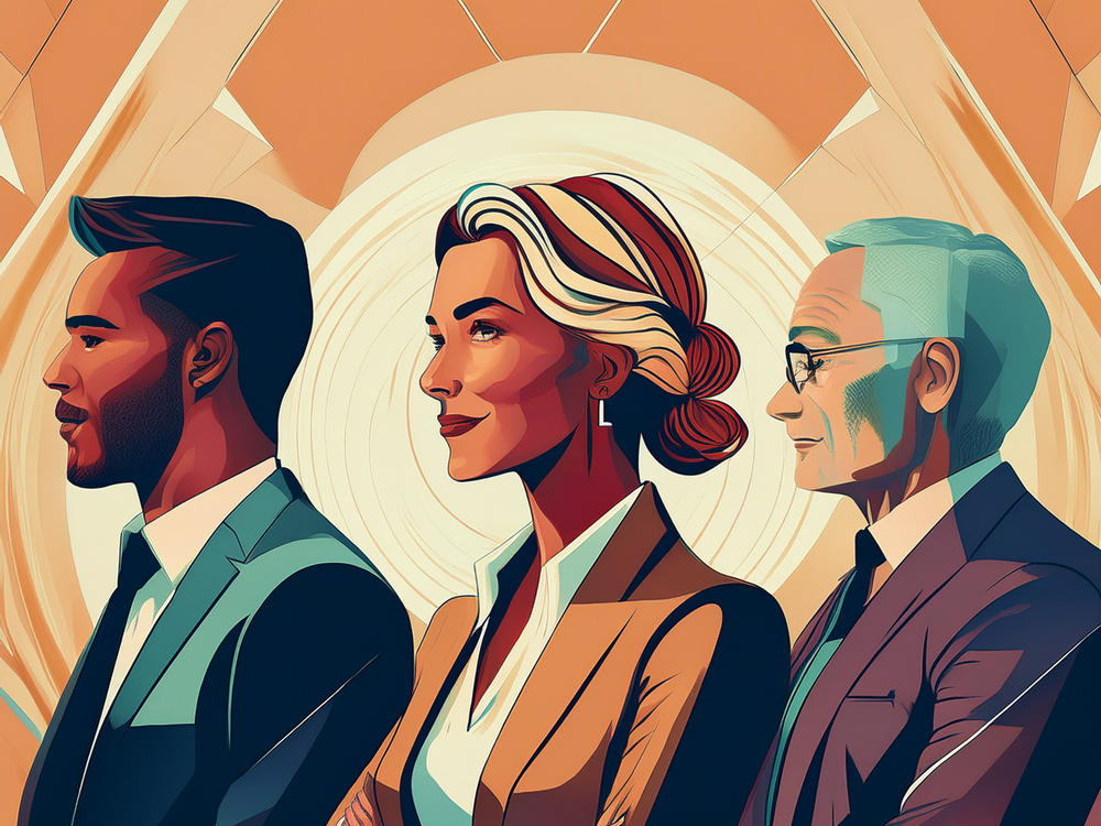 Illustration of three family members of different ages and genders.