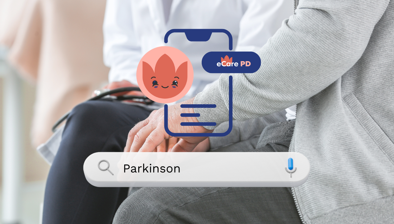 A person sitting with a healthcare professional. A search bar displaying the word “Parkinson.” eCARE-PD digital platform and the logo of CAFY, its chatbot. 