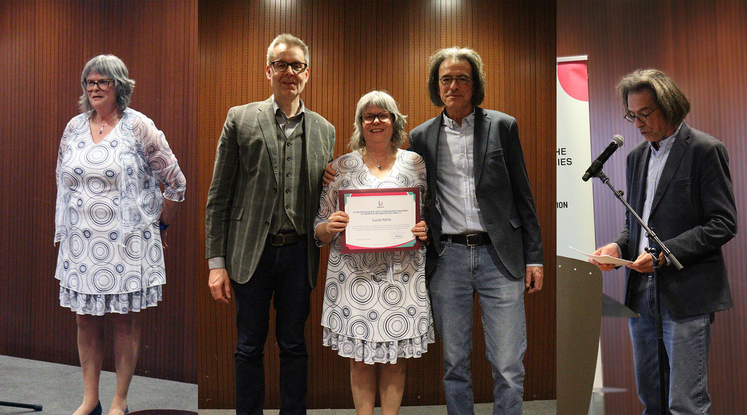 Remise du Prix du CRCCF 2026 à Lucie Hotte (au centre), entourée de Michel Bock (à gauche) et de François Ouellet (à droite).