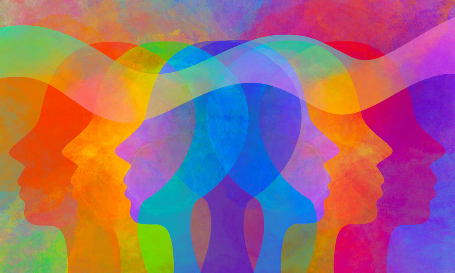 Multiple colourful silhouettes of faces