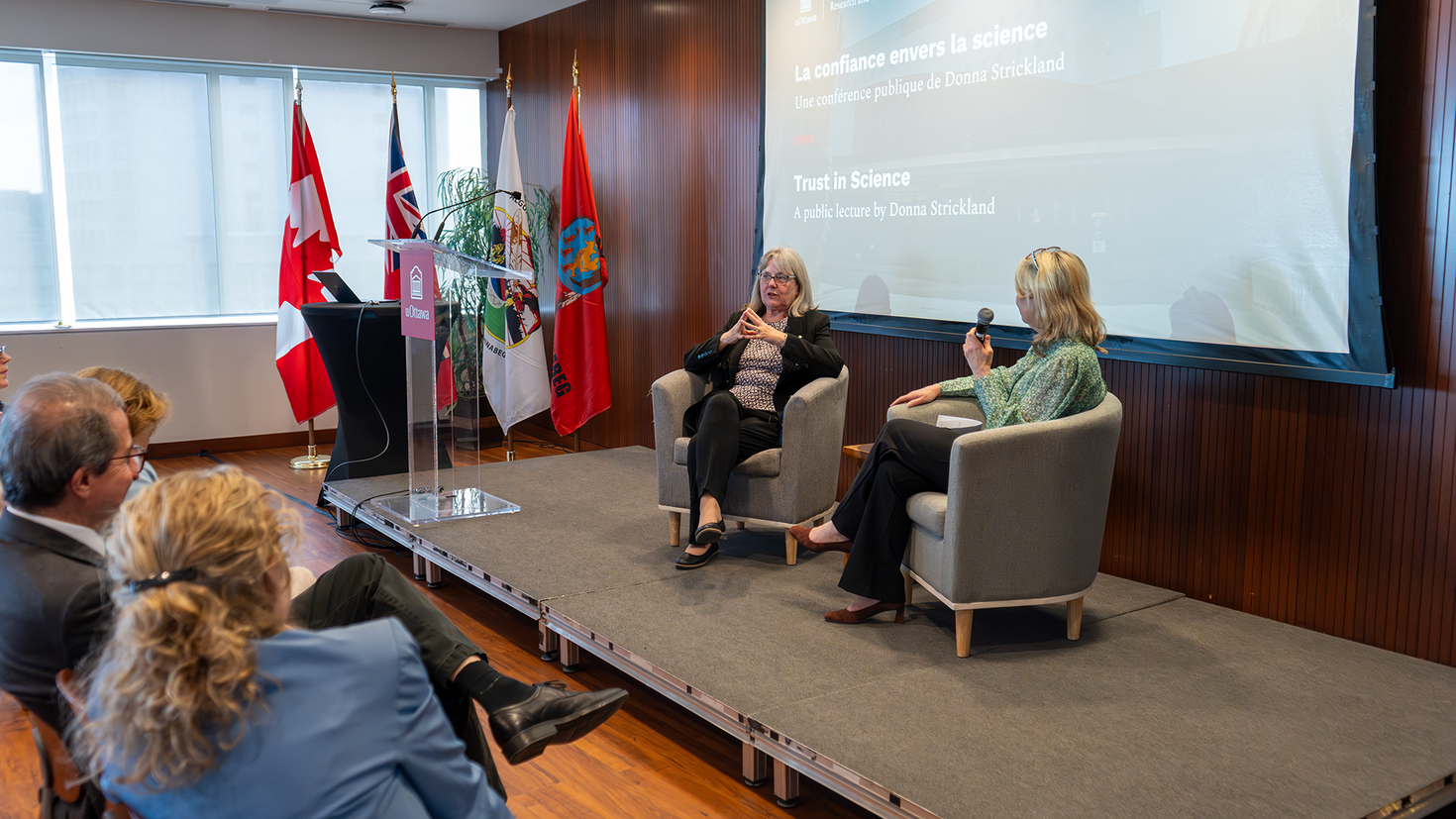 Donna Strickland and Martine Lagacé during a Q&A on stage.
