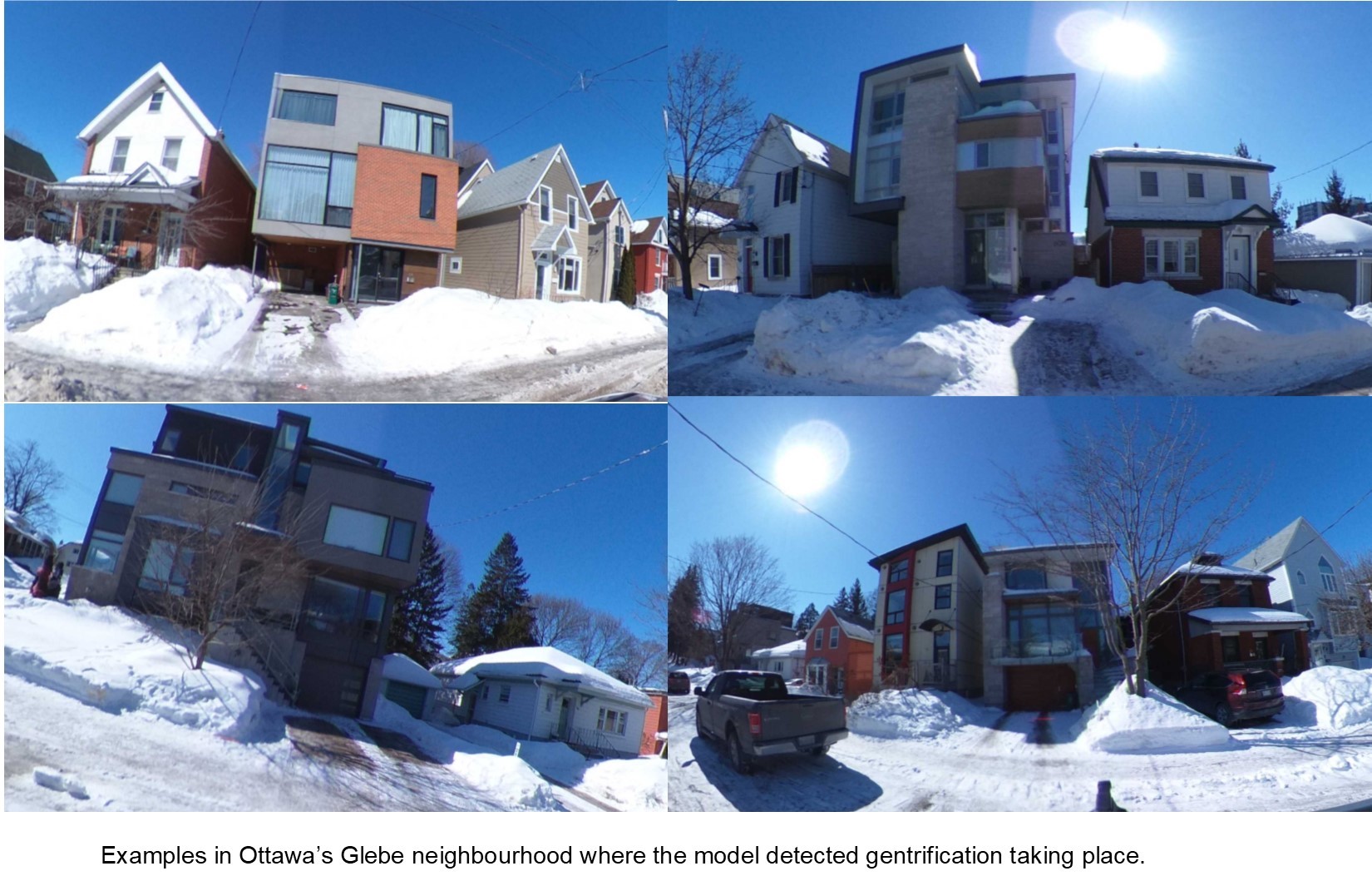 Examples in Ottawa's Glebe neighbourhood where the model detected gentrification taking place.
