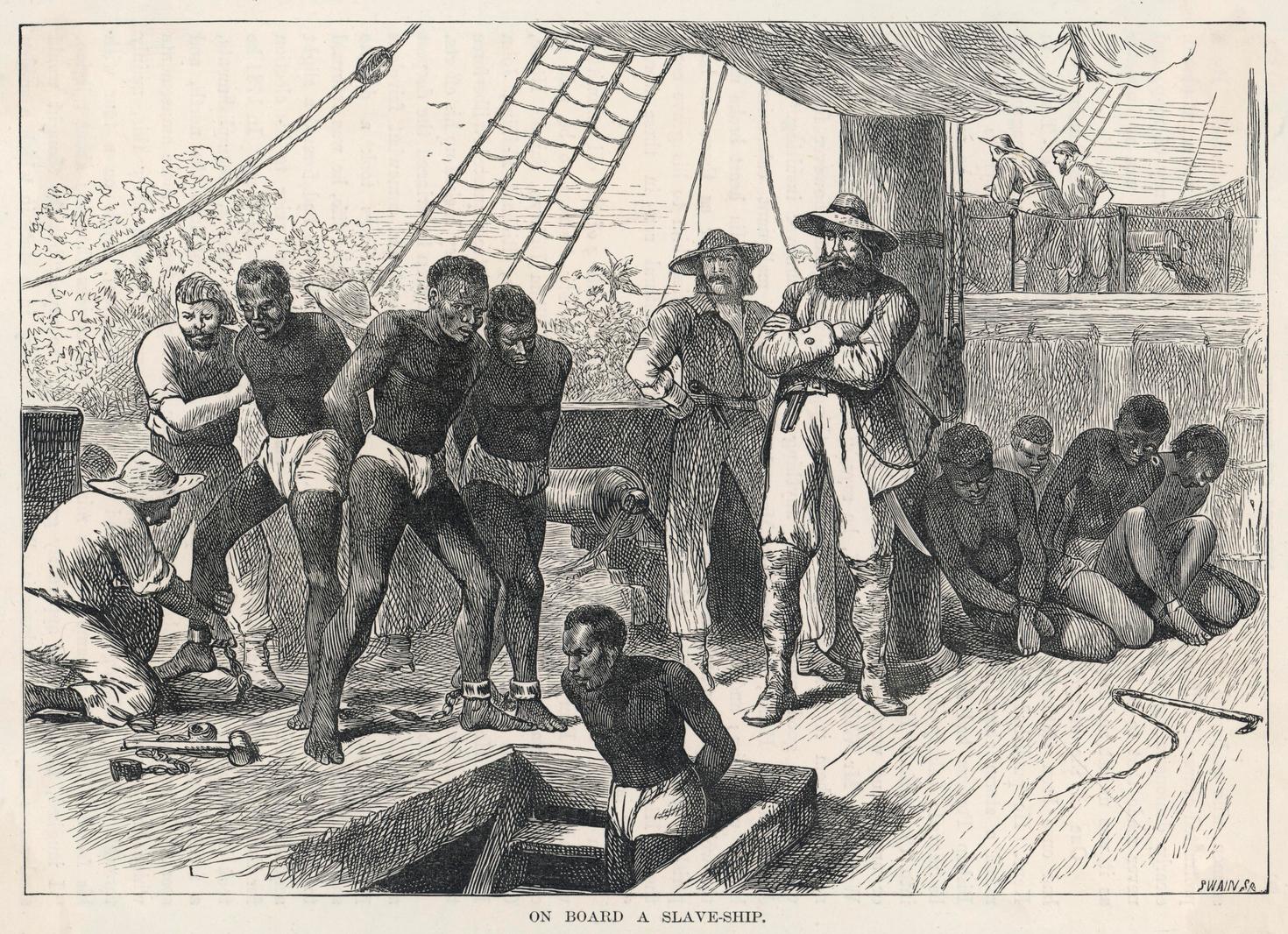 Black and white image of slaves being transported on a ship
