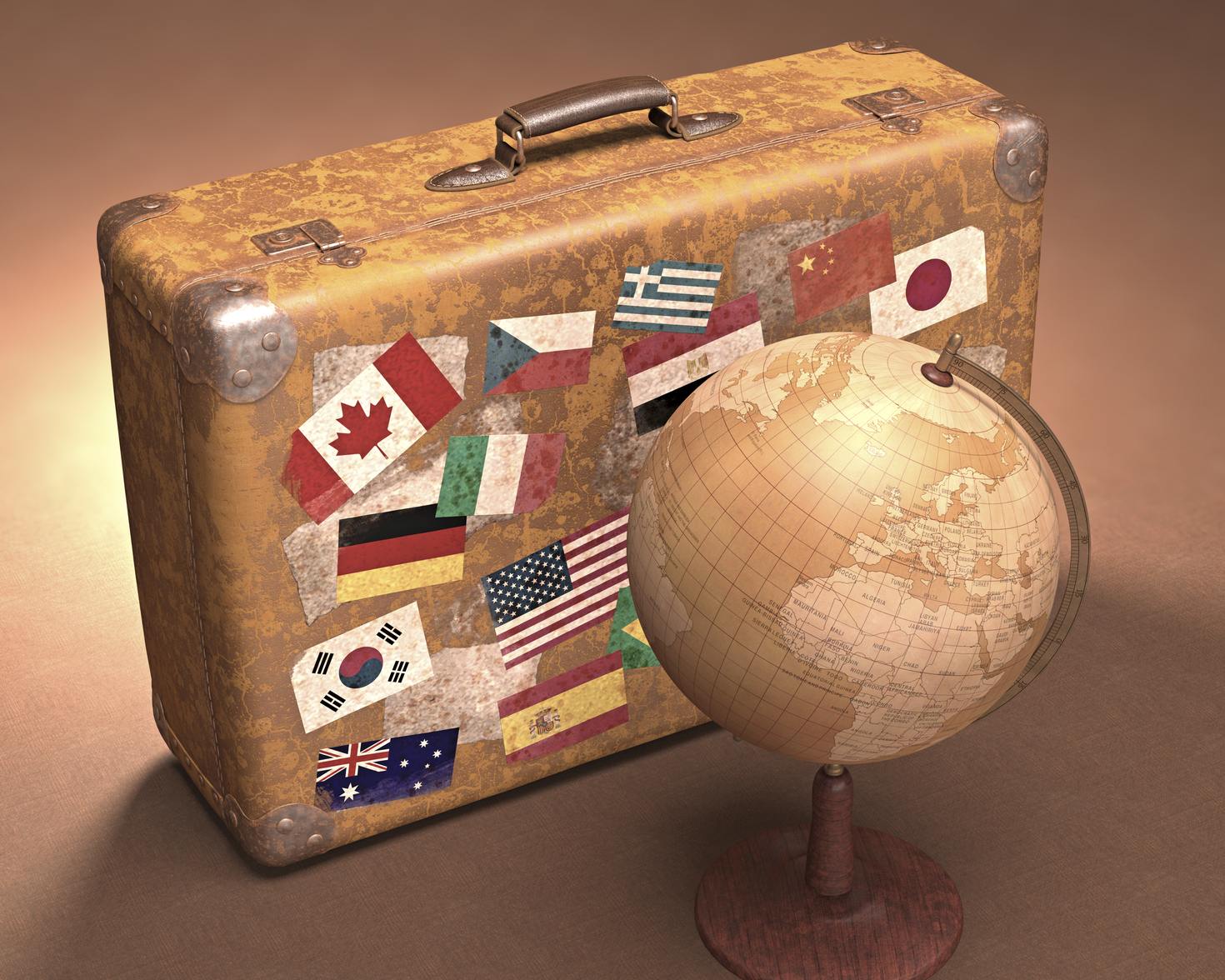 Brown leather bag with stickers of flags on it facing a brown globe