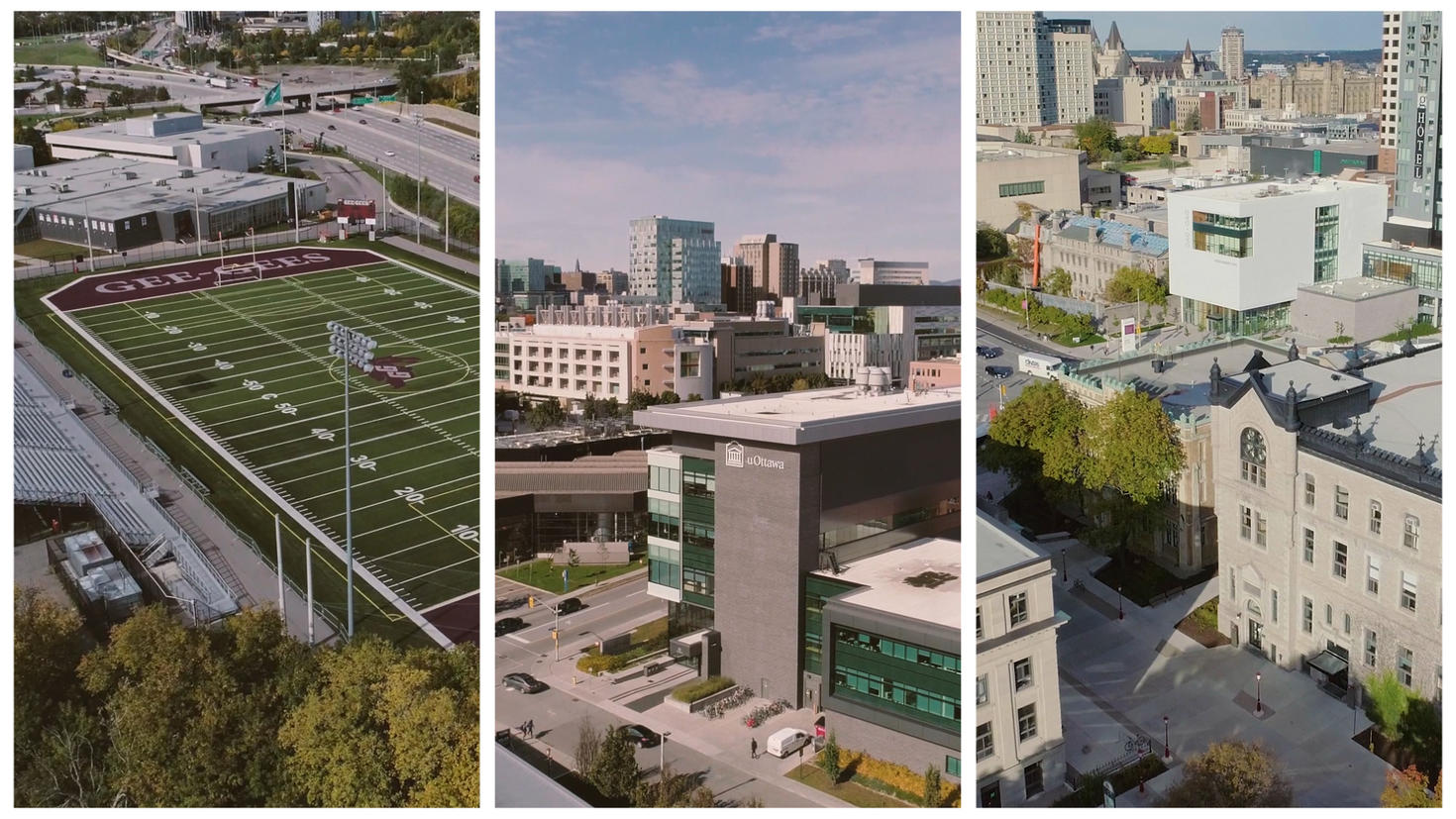 Image fractionnée de trois lieux sur le campus de l'Université d'Ottawa.
