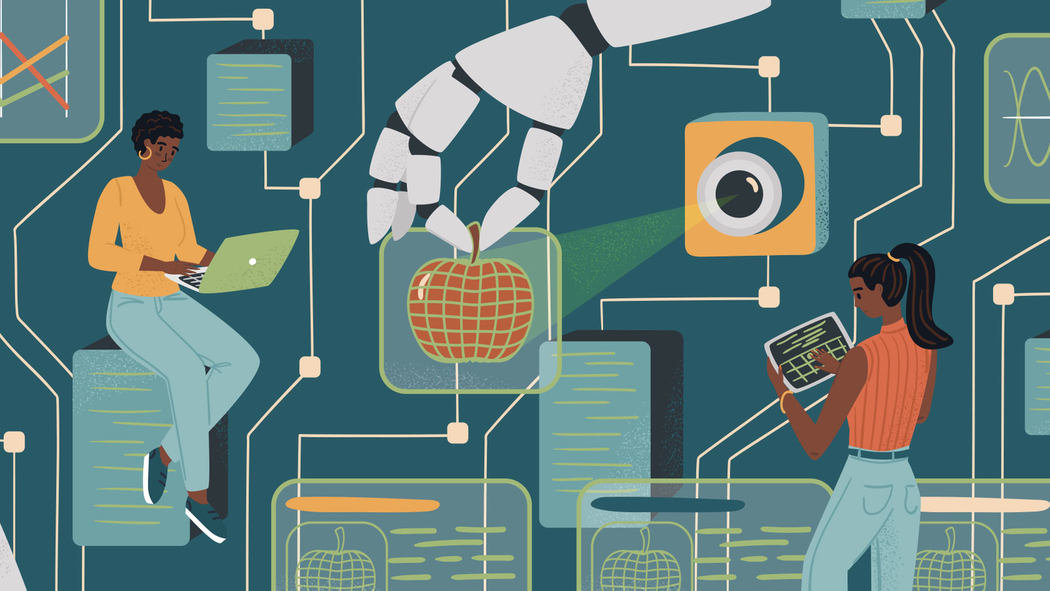 Illustration de deux personnes travaillant dans la recherche, l'une contrôlant un bras robotisé avec une tablette numérique.