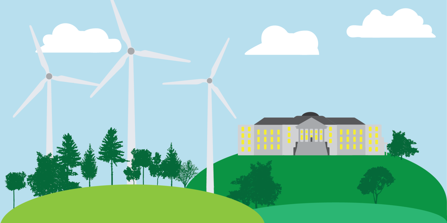 Dessin animé de l'Université d'Ottawa avec des éoliennes en arrière-plan