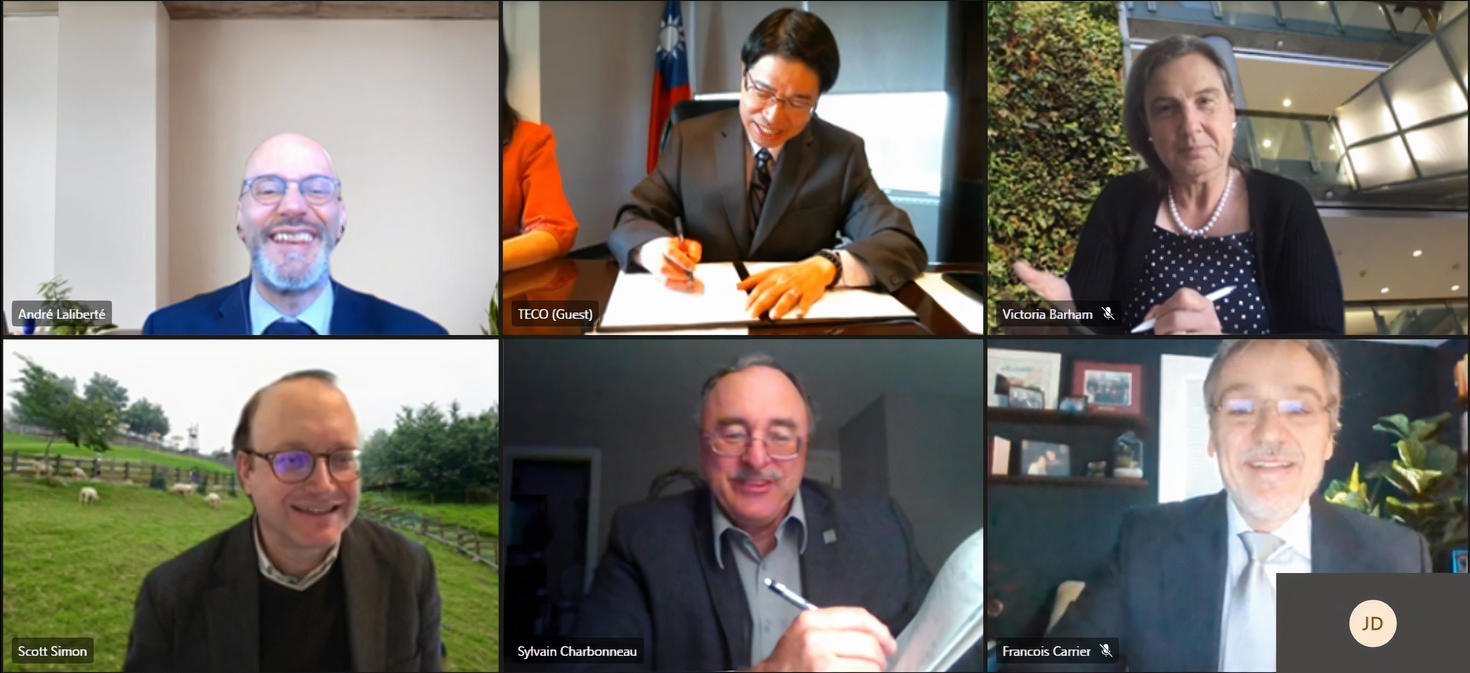 Capture d'écran de la réunion Zoom avec Scott Simon, André Lalberté, le représentant du ministère de l'éducation à Taiwan, Victoria Barham, Sylvain Charbonneau, et François Carrier.