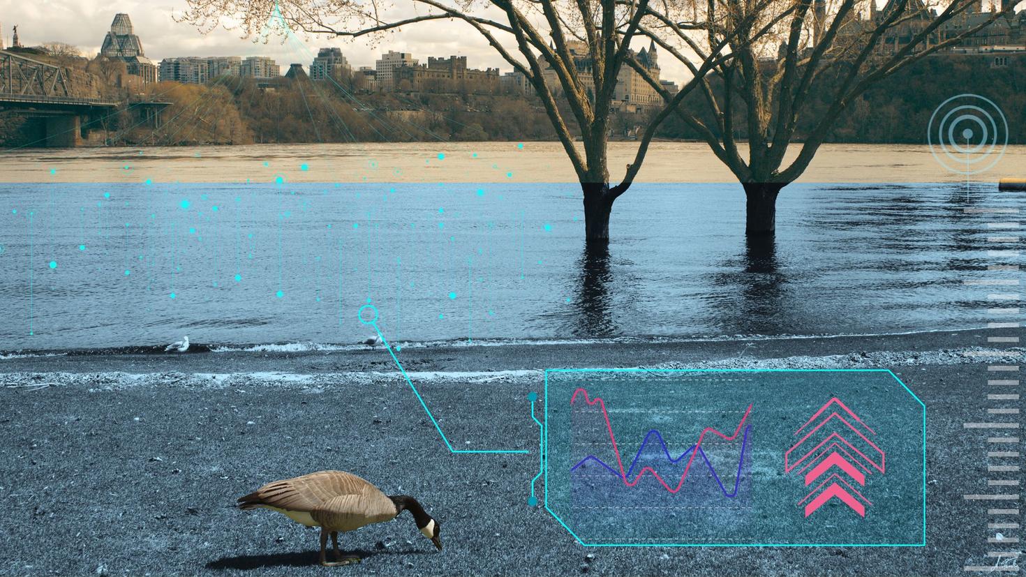 Montage photo de la Rivière des Outaouais inondée avec des éléments de technologie et d'IA comme
