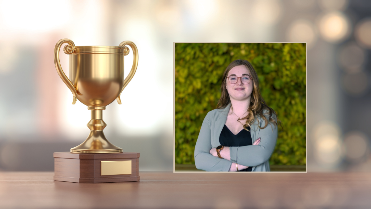 Kimberly Paradis photo, superimposed over a photo of a gold award