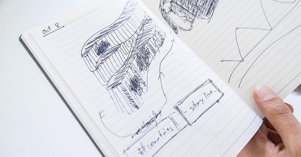 Page d'un carnet de croquis datée du 8 octobre montrant une esquisse de l'installation artistique avec les inscriptions « nombre de pays » et « histoire » en-dessous.