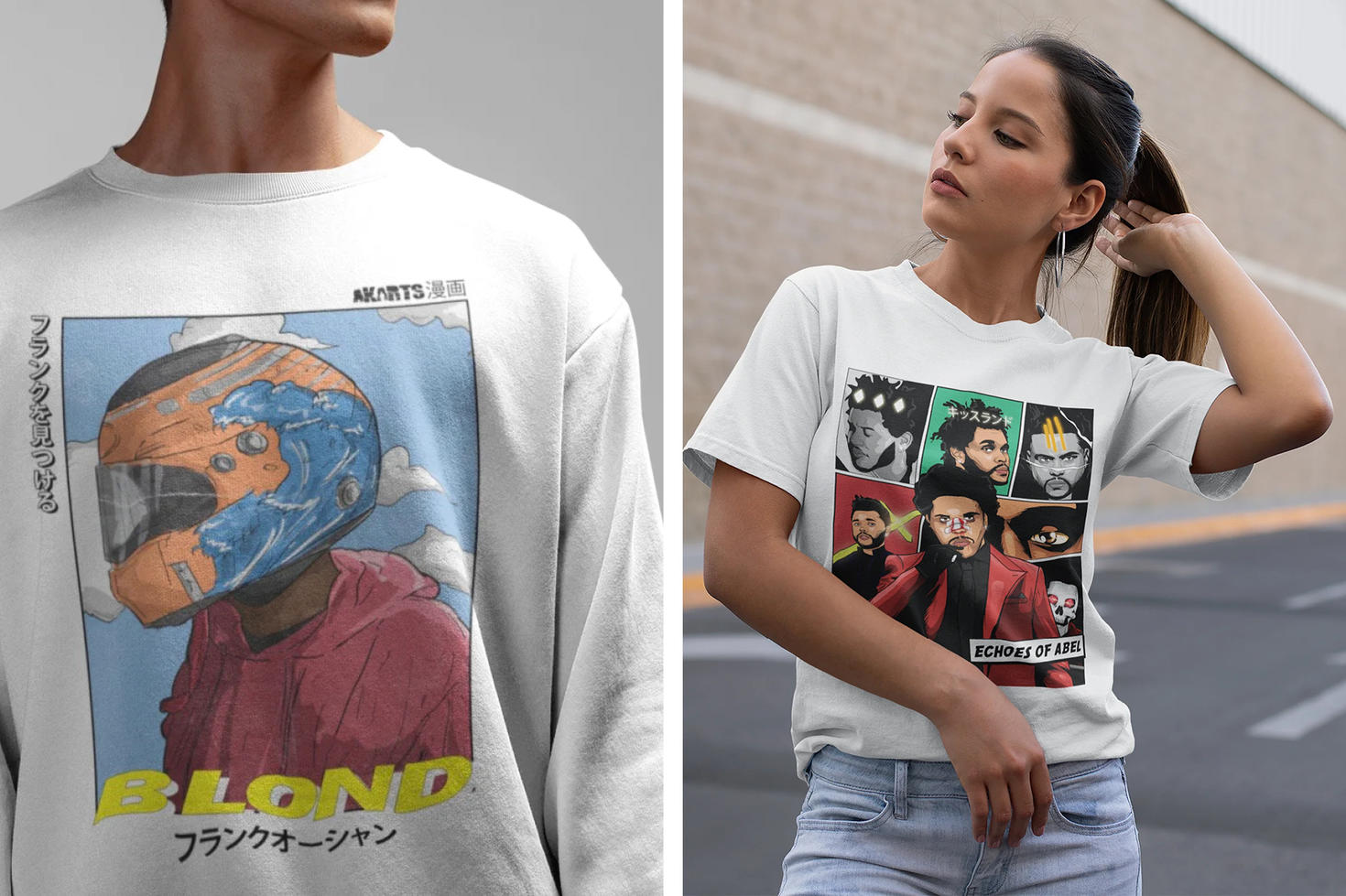 Two comic graphics on tshirts. 