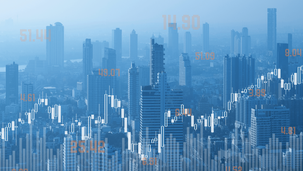 A graphic showing numbers above a skyline of skyscrapers.