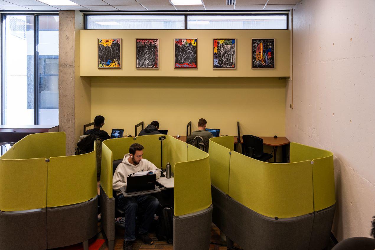 Un étudiant étudie dans un des cubicules d'étude à la bibliotheque Morisset.