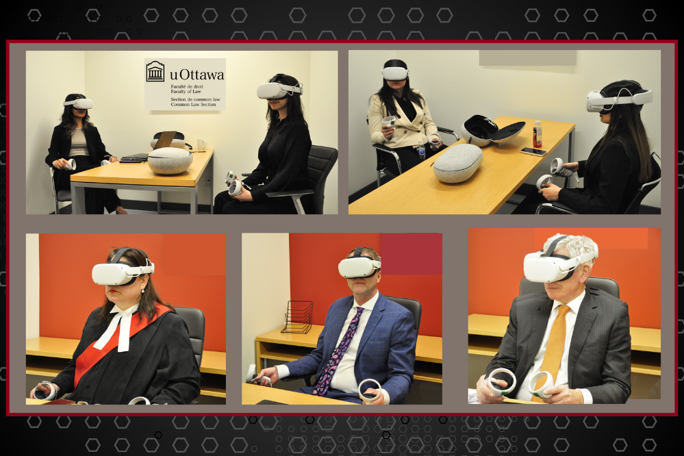 students and judges wear VR headsets to participate in the VR Moot competition