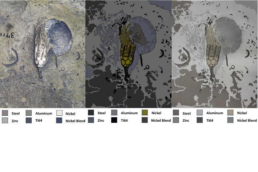 De gauche à droite : Photographie originale du fossile de crinoïde, masque CAD et planification de la palette de poudre, et œuvre d'art finale.