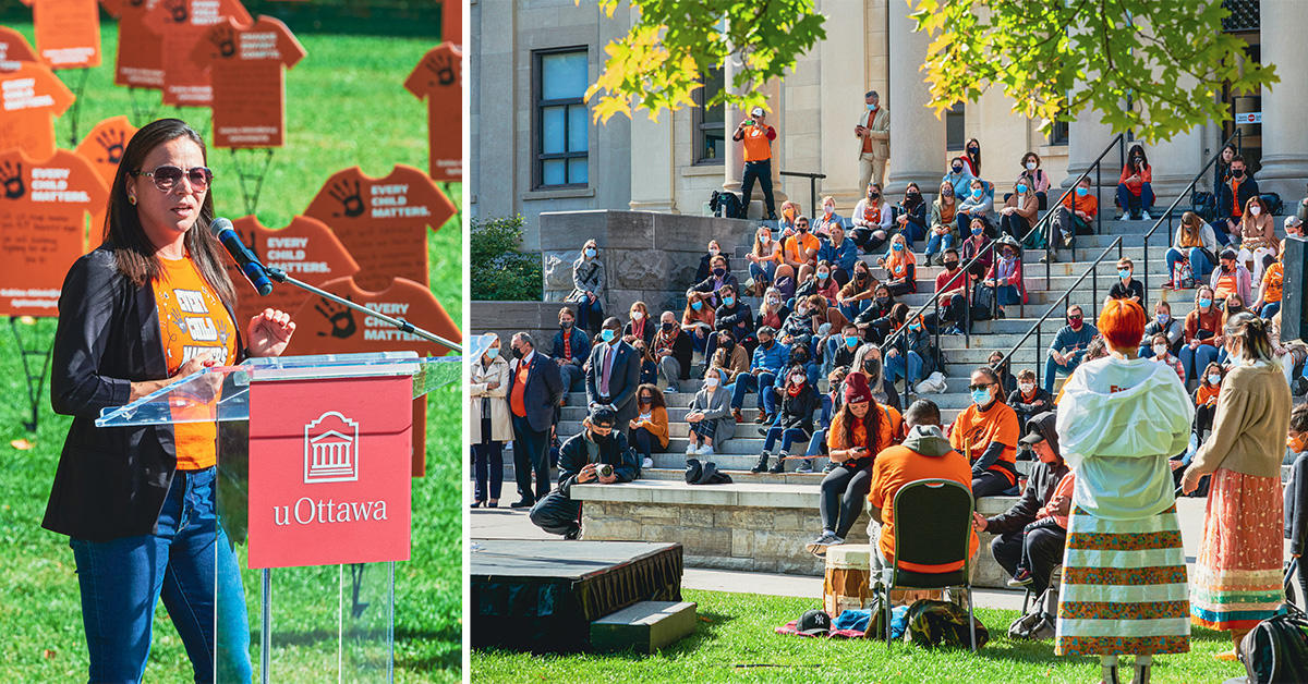 Meagan Commonda at the podium, left, crowd sitting on the steps of Tabaret Hall, right