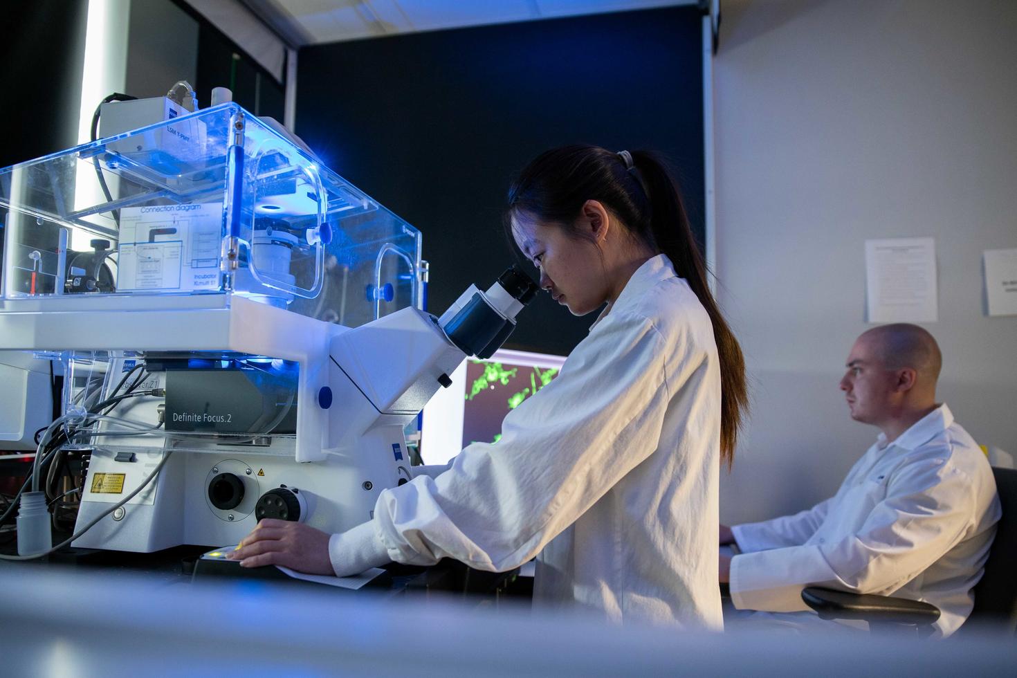A woman looking through a microscope with a colleague working in the background.