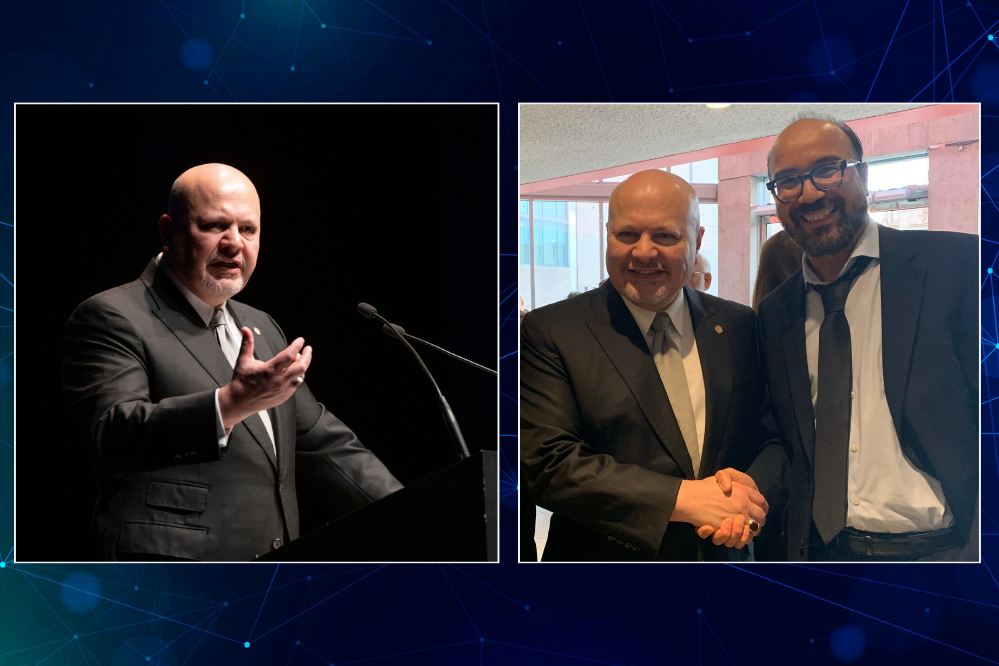 two images side-by-side. On the left is the ICC Prosecutor Karim Khan, speaking at a microphone. On the right Karim Khan shakes hands with Jabeur Fathally