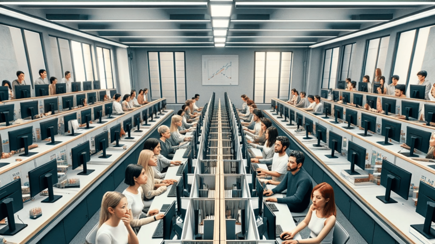 Laboratoire informatique rempli d'étudiants universitaires apprenant l'économie