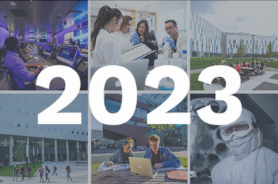 Le numéro 2023 superposé à des photos de la communauté scientifique de l'Université d'Ottawa.