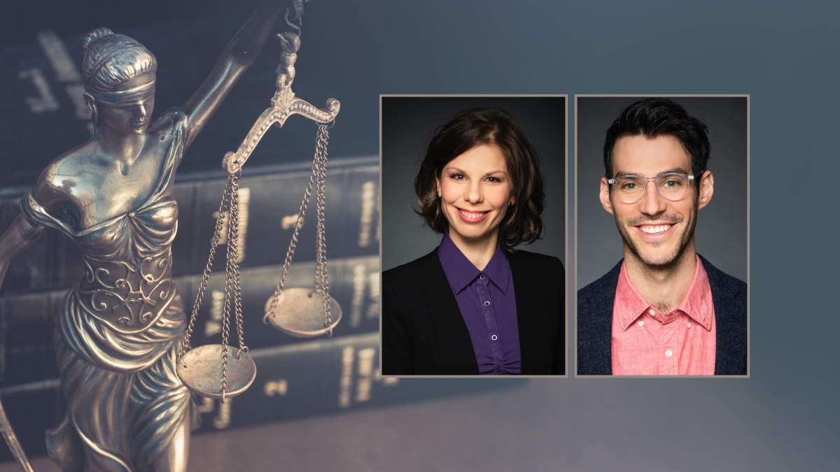 a statue of woman with a blindfold holding the scales of justice. There are two photos inlaid, one of a man and one of a woman