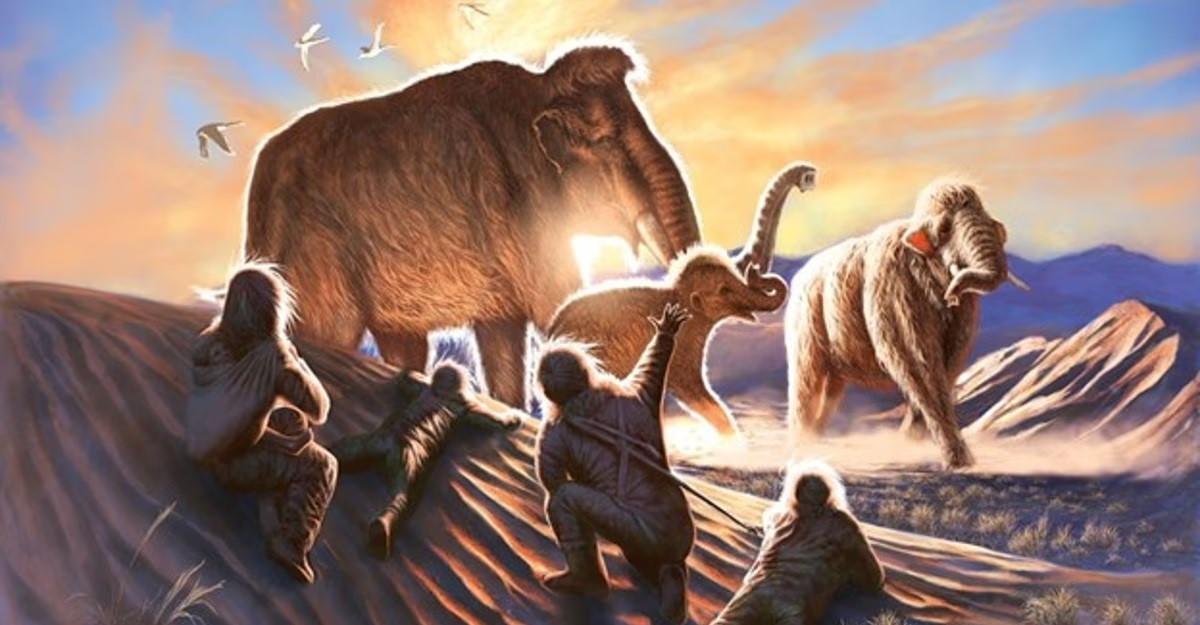 illustration de Mammouth, Œuvre de Julius Csotonyi représentant un groupe de personnes qui observent des mammouths à partir des dunes au nord du site archéologique Swan Point