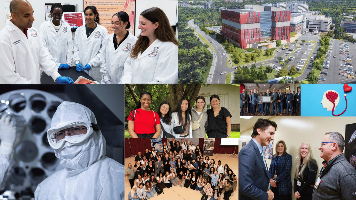 Un collage de 8 photos illustrant la Faculté de médecine de l'Université d'Ottawa en 2023, y compris des étudiants dans le laboratoire d'anatomie, un rendu du nouveau bâtiment de recherche proposé, une personne en tenue de protection dans un laboratoire de biofabrication, des étudiants à l'extérieur, le groupe de la première cohorte de pharmaciens, le premier ministre visitant le laboratoire de simulation, la signature de la charte de la santé et des humanités et une illustration du cerveau et du coeur.
