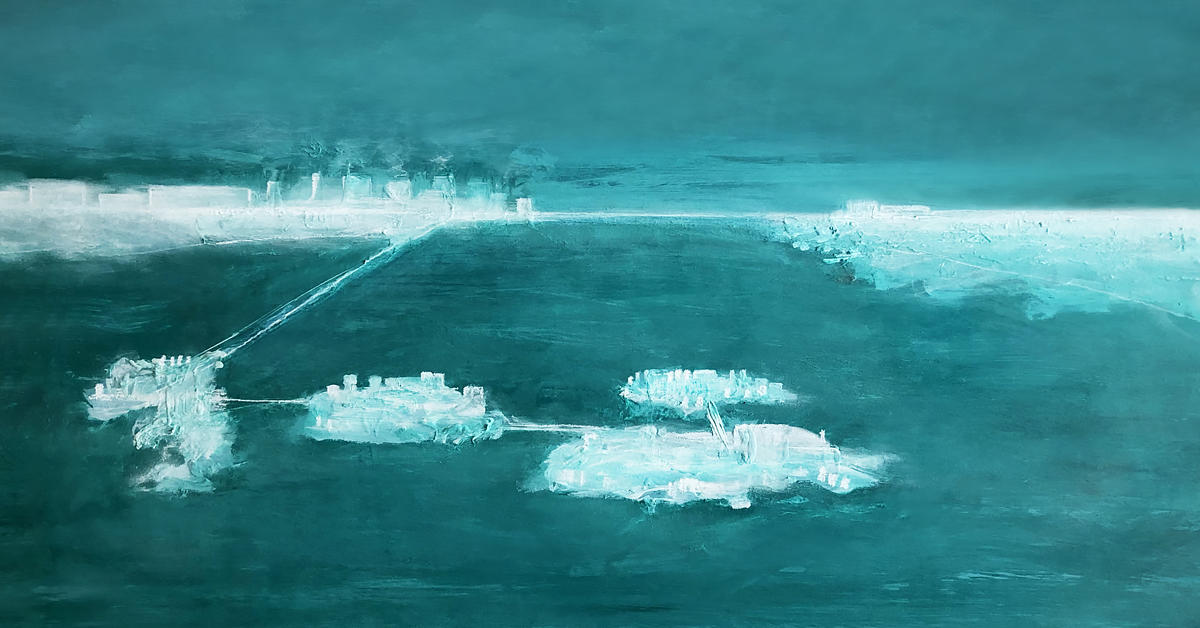 A painting in shades of turquoise and white representing a few areas of land interconnected on a body of water.