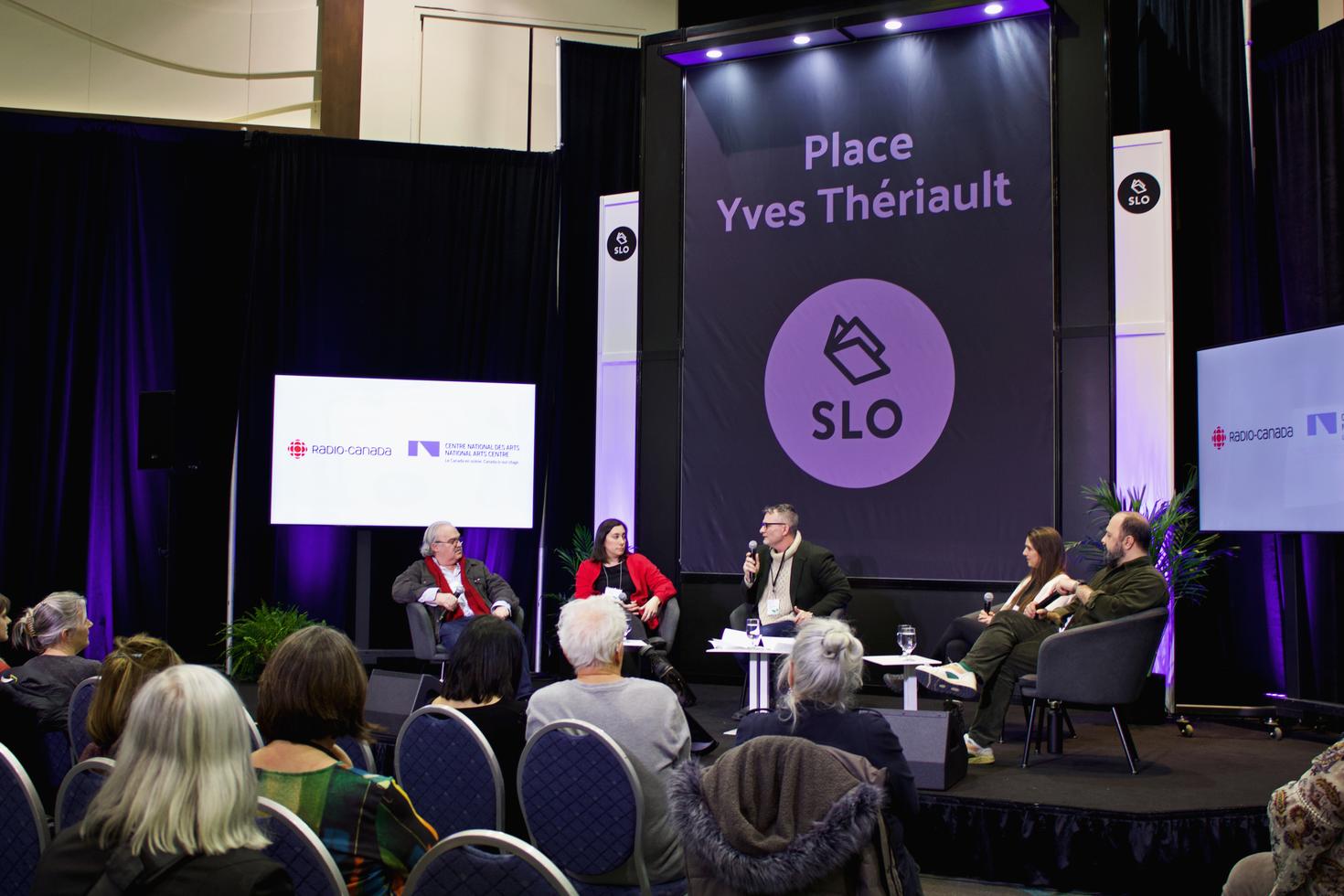 Portrait de Jean Marc Dalpé, Mishka Lavigne, Joël Beddows, Soleil Launière et Mani Soleymanlou