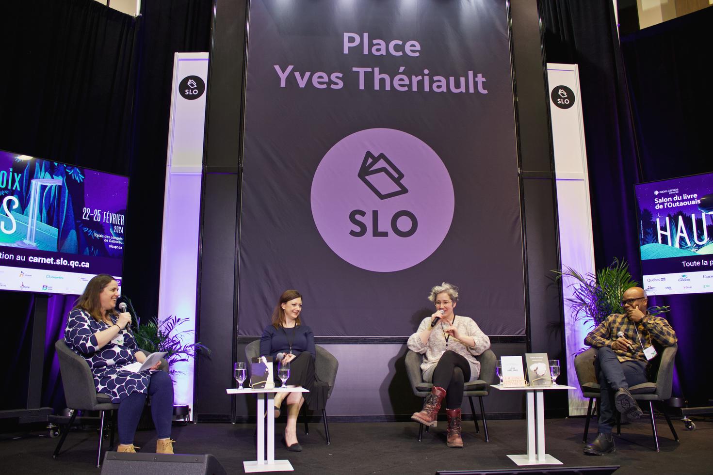 Portrait de Myriam Legault-Beauregard, Marie Hélène Poitras, Laurance Ouellet-Tremblay et Edem Awumey