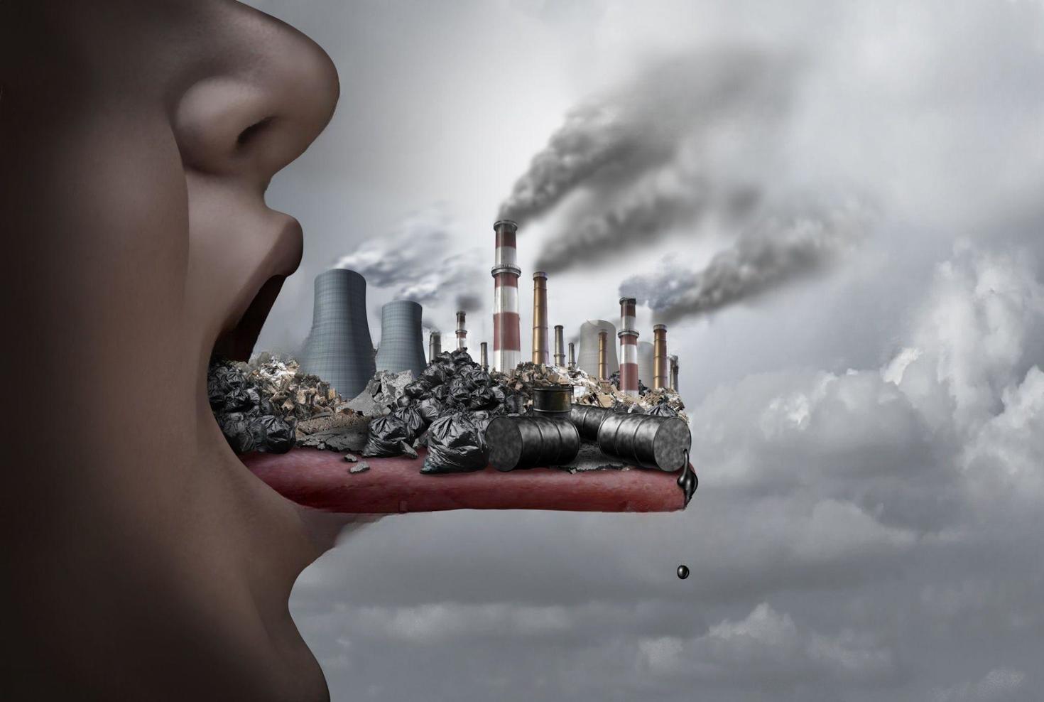 Illustration de cheminées polluantes reposant sur une langue tirée. 