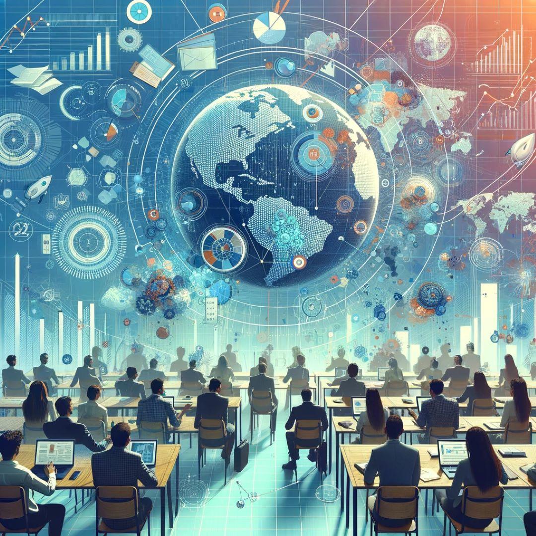 Image of a planet with futuristic elements in front of a class of students