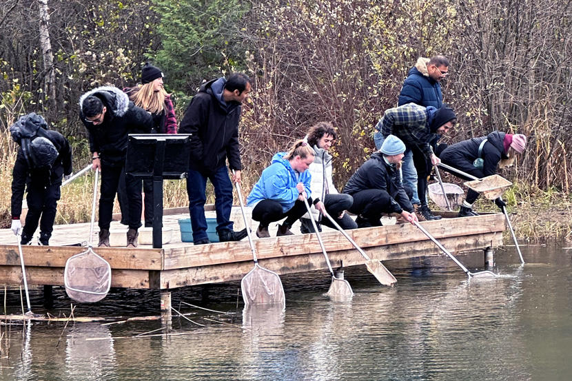 People with nets standing on dock
