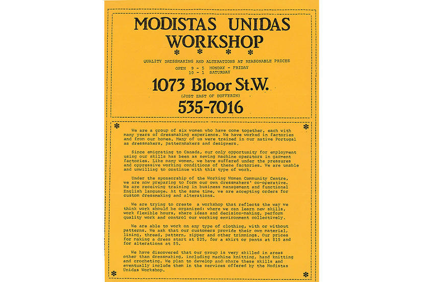 Avis de Modistas Unidas, du fonds du Working Women Community Centre à l'ARCS, 10-001-S1-F1733.