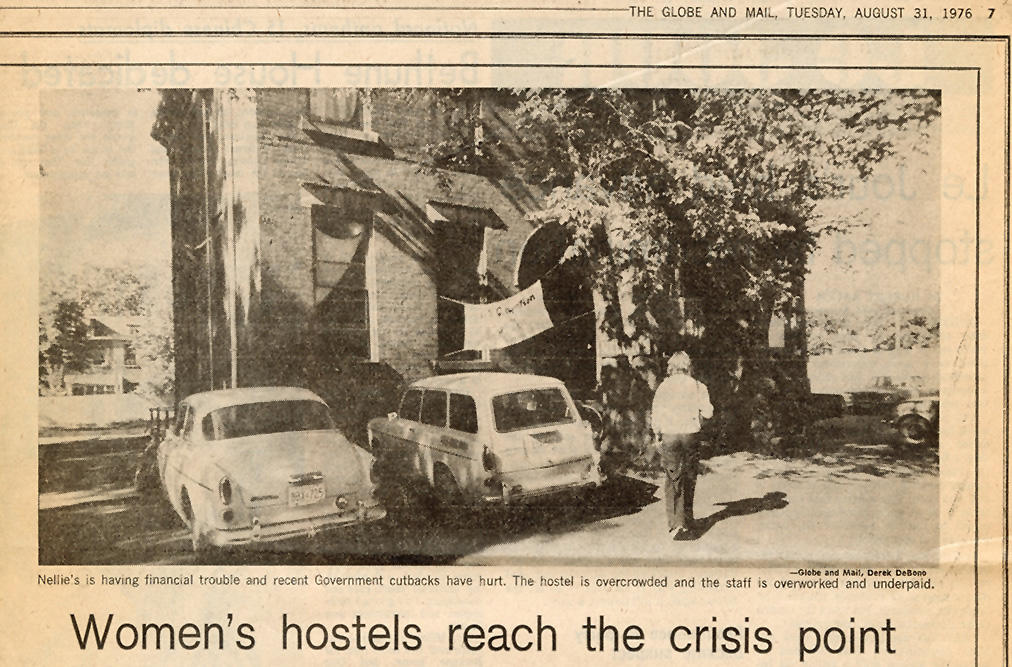 Photograph of Nellie’s Hostel featuring the “Occupation Nellie’s” banner. “Women’s hostels reach the crisis point,”