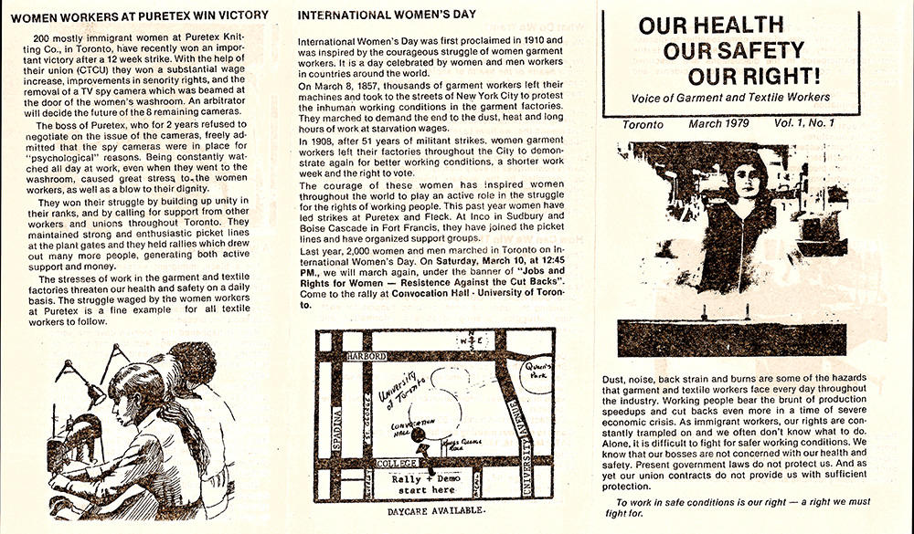 Un bulletin d'information des Garment and Textile Workers décrit les conditions de travail dangereuses de l'industrie. Le bulletin célèbre également la victoire des grévistes de la Puretex Knitting Company. Brochure du fonds du Working Women Community Centre, 10-029-S1-F629-I1.