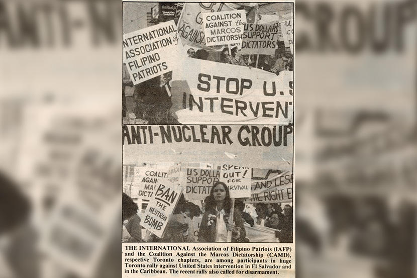 Photographies de militants anti-Marcos participant à un rassemblement en faveur du désarmement et de la non-intervention à Toronto. Publié à l'origine dans Balita (novembre 1981) 