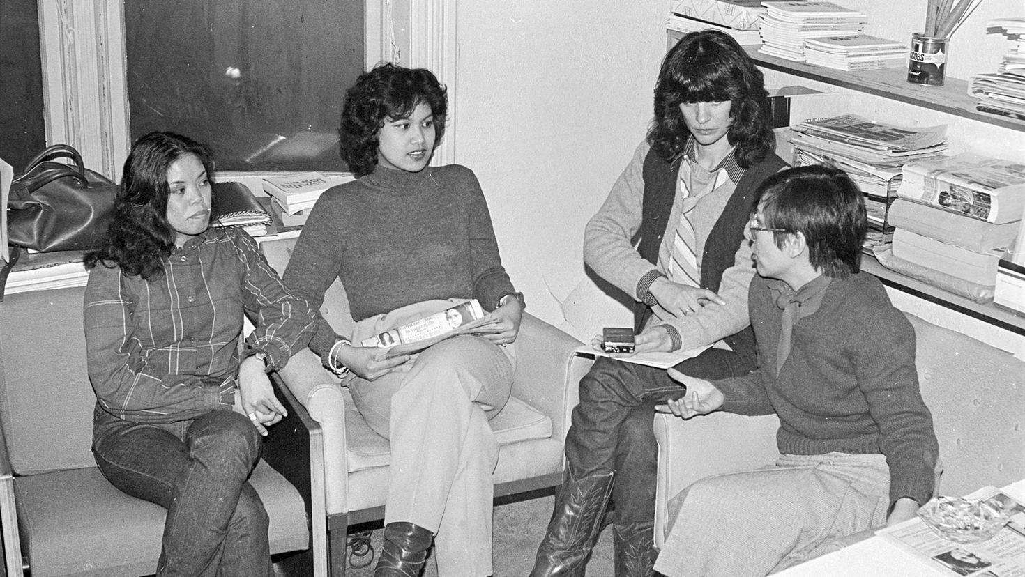 Photograph of Judith Ramirez interviewing members of the Ad Hoc Committee of Filipino Domestic Workers for Landed Status (March 1982)