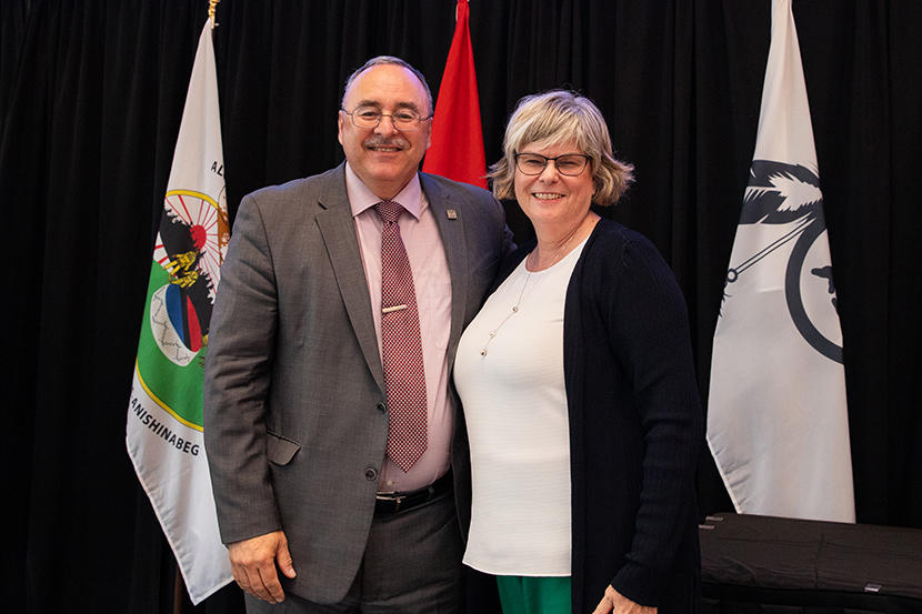 Vice-President, Research and Innovation Sylvain Charbonneau and Lucie Hotte, the first-ever winner of a prize for excellence in research on the Francophonie, sponsored by the OVPRI.