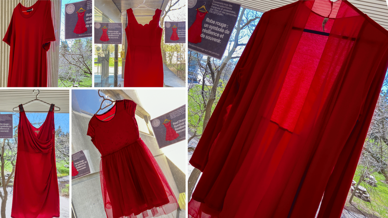 A collage of red dresses hanging from a ceiling