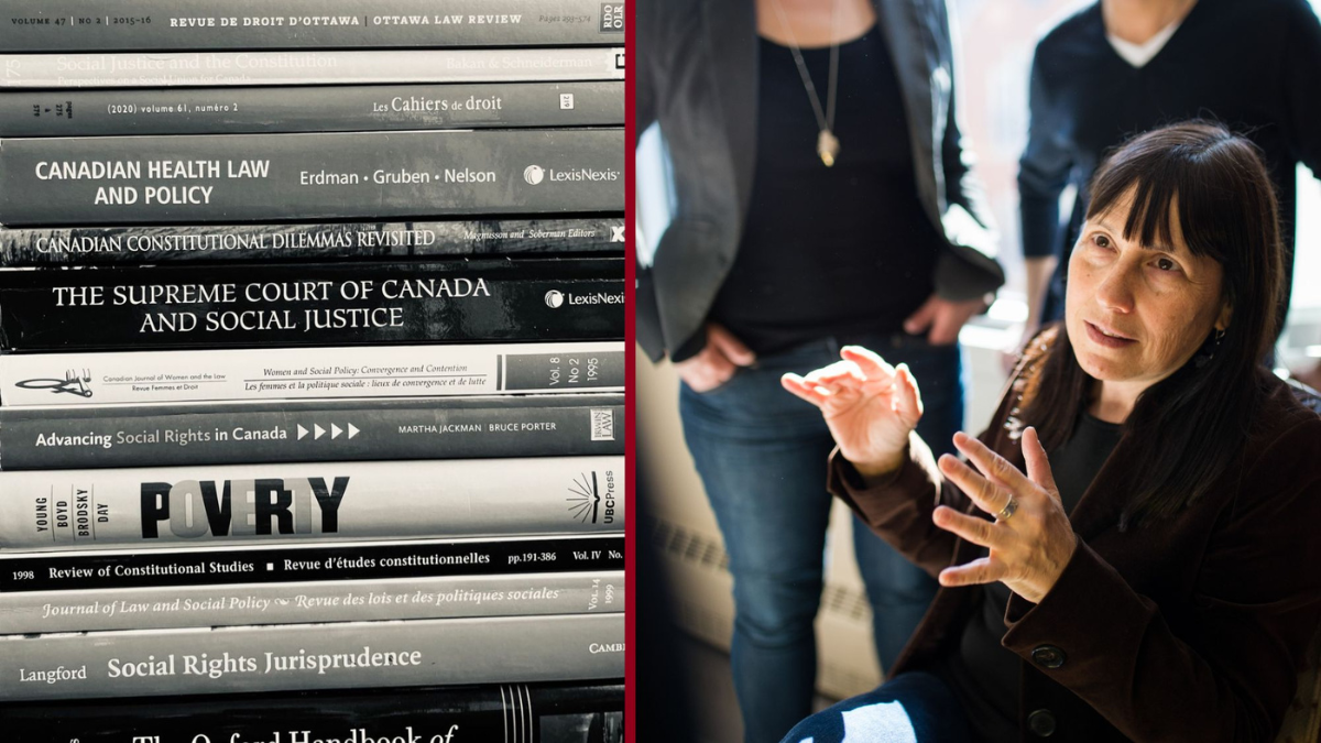 Two images side-by-side. On the left a stack of law books about social justice and policy. On the right a photo of professor Martha Jackman.