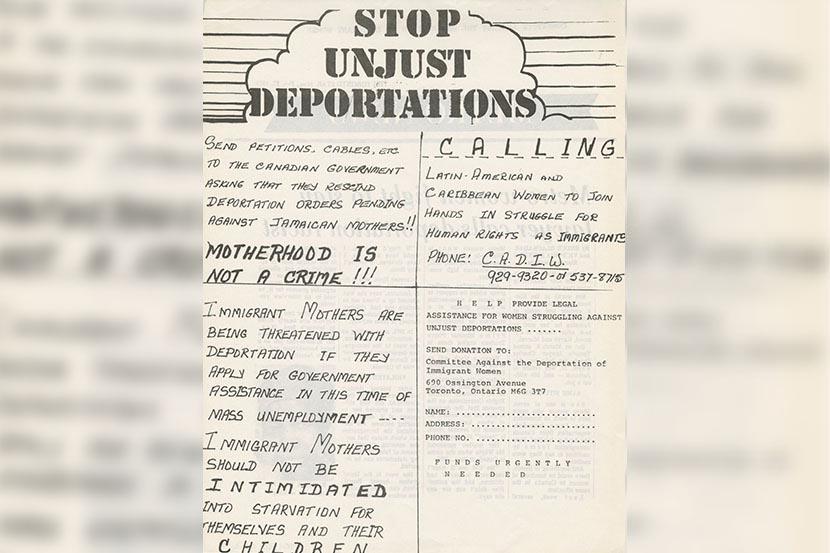 Comité contre la déportation des femmes immigrantes, tract « Stop Unjust Deportations » (février 1978), Archives et collections spéciales, Université d'Ottawa, 10-001-S1-F629