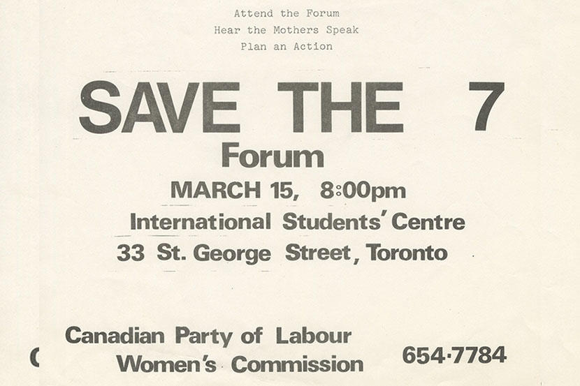 Commission des femmes du Parti canadien du travail, « Save the 7 Forum » (mars 1978), Archives et collections spéciales, Université d'Ottawa, 10-001-S1-F420