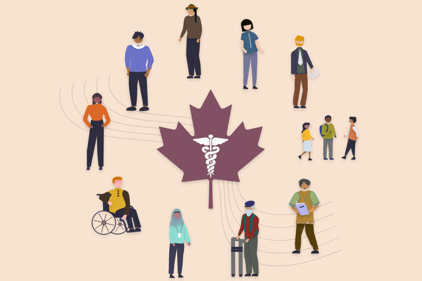 Représentations graphiques de patients ayant divers besoins médicaux disposées en cercle autour d'une feuille d'érable.