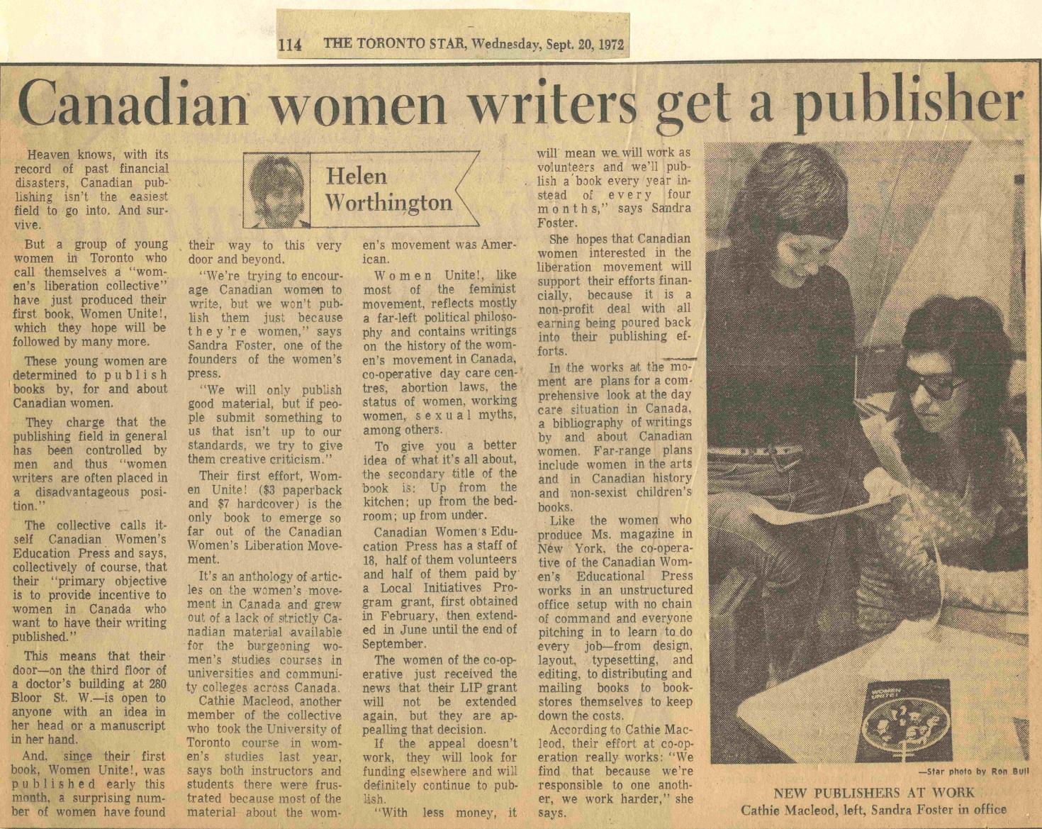 « Canadian women writers get a publisher », Toronto Star, September 20th, 1972. Scrapbook. – Fonds Women’s Press. 10-012-S8-F28