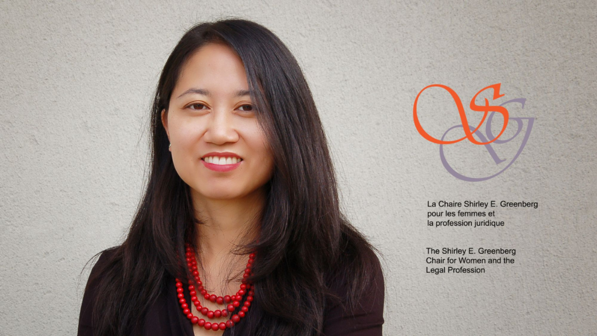 Professor Jamie Liew smiles against a white background. The logo for the Shirley Greenberg Chair for Women and the Legal Practice is displayed on the right.