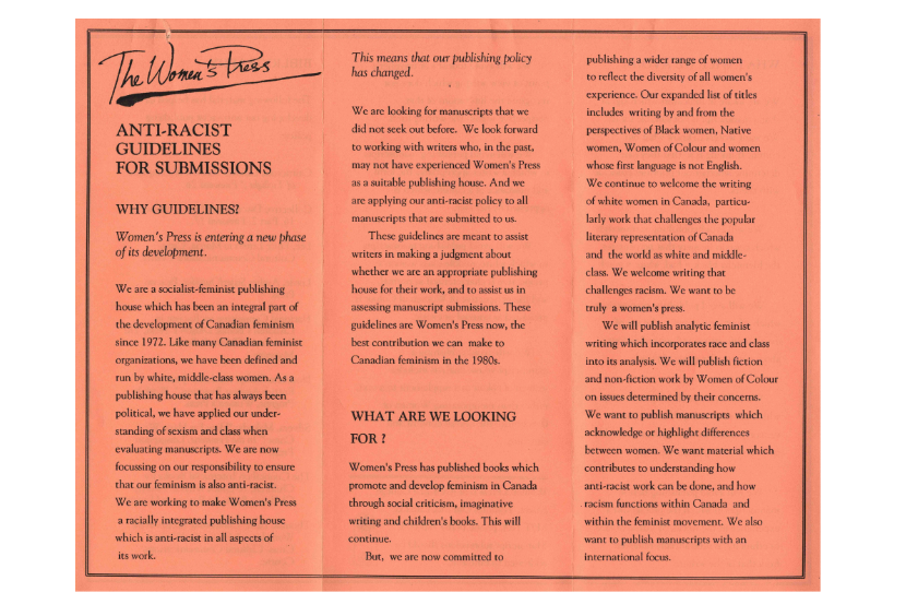 « Race issue splits Women’s Press », Globe and Mail. 9 août 1988. Fonds The Women’s Press. 10-012-S9-SS4-F10.